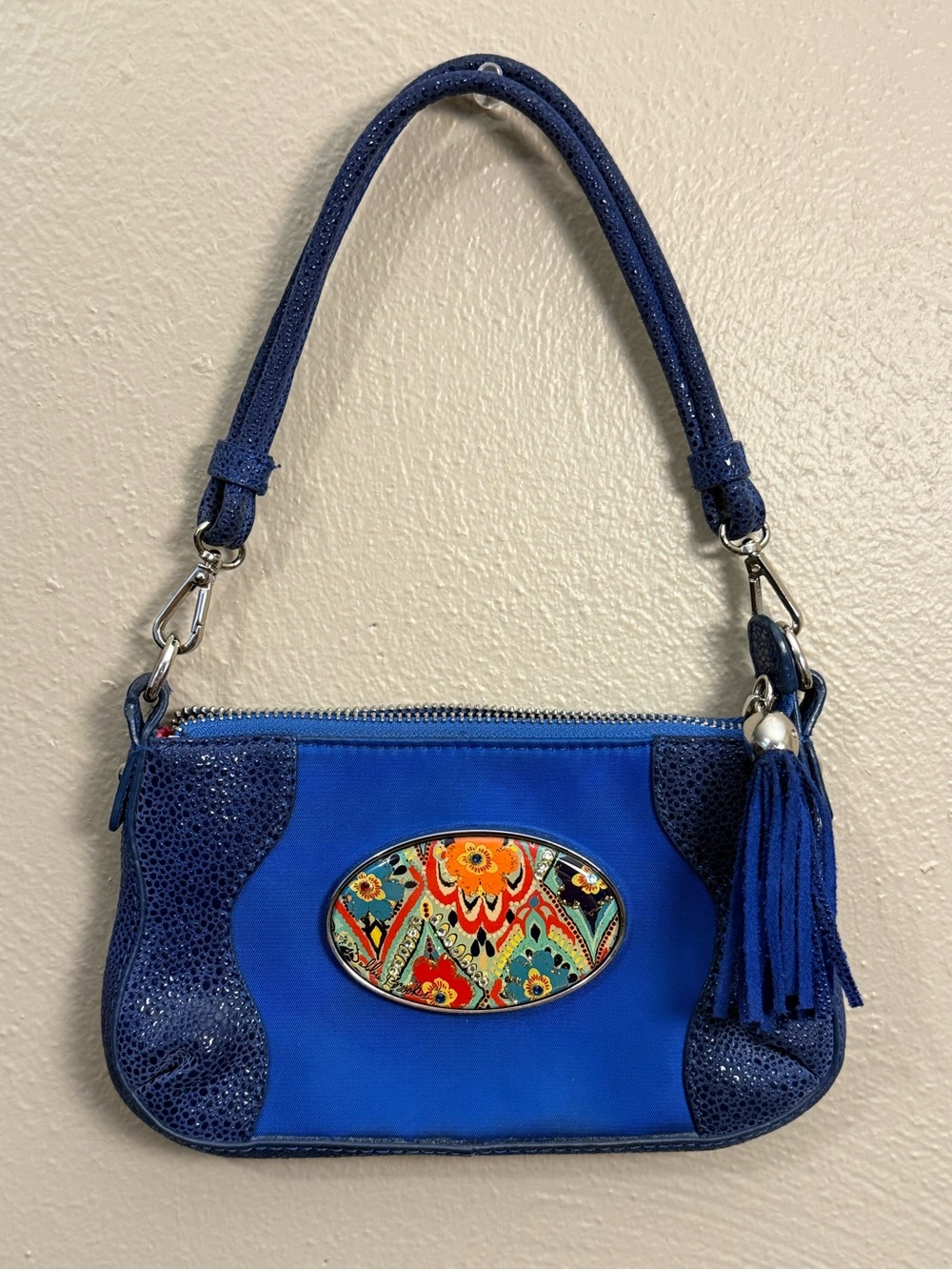 Debbie Brooks Blue Floral Colorful Medallion Cocktail Shoulder Purse Tassel Zip